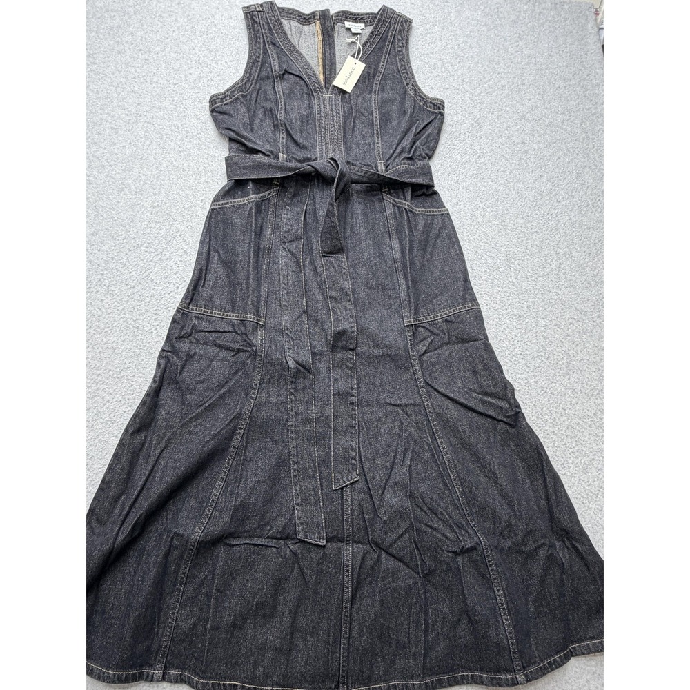 Sundance Poppy Dress Womens 12 Black Denim V Neck Belted Fit Flare Maxi 111396 - Picture 7 of 16